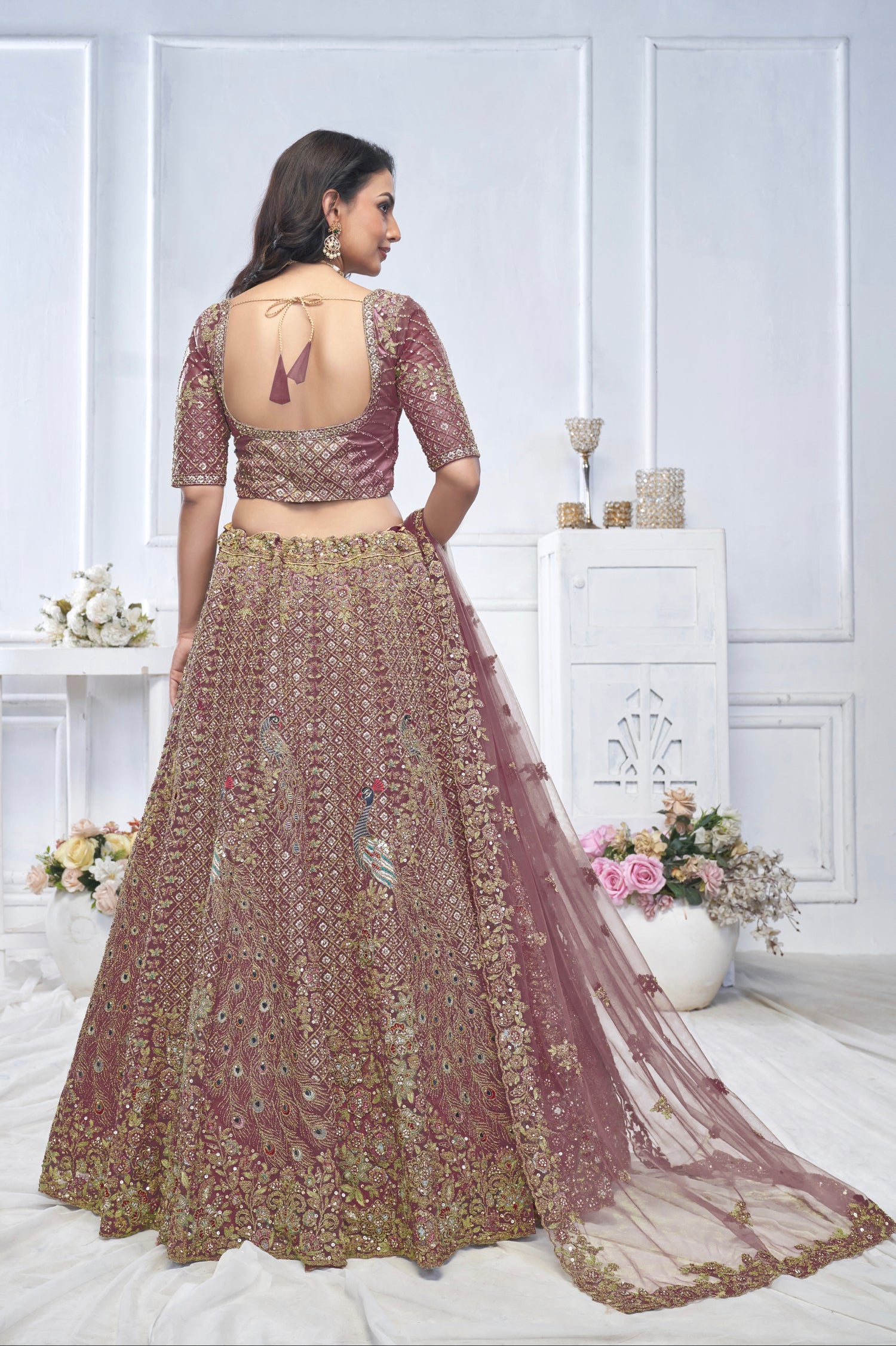 Dark Purple Aari Embroidered Soft Net Lehenga with Zari &amp; Stone Work