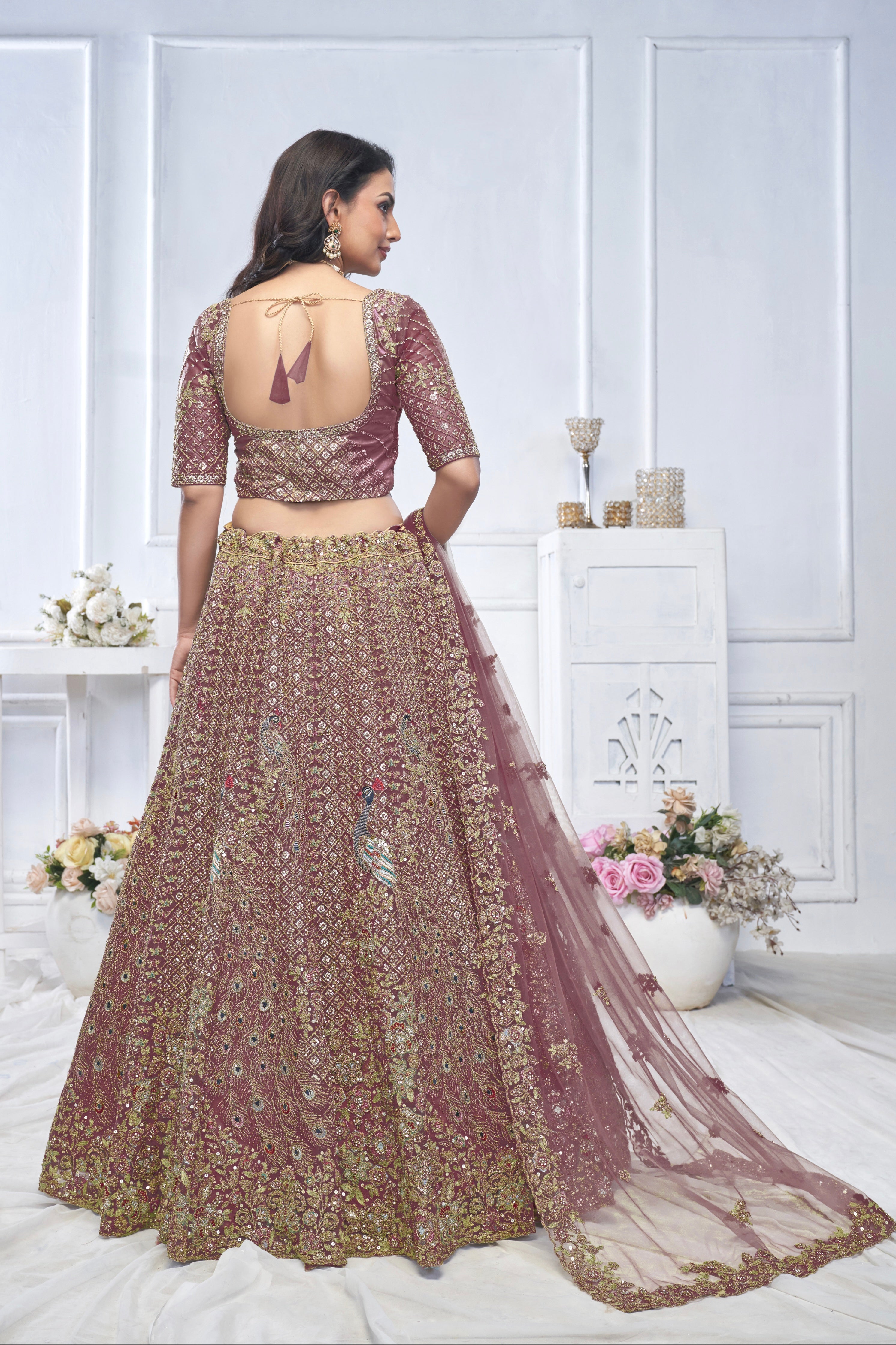 Dark Purple Aari Embroidered Soft Net Lehenga with Zari &amp; Stone Work
