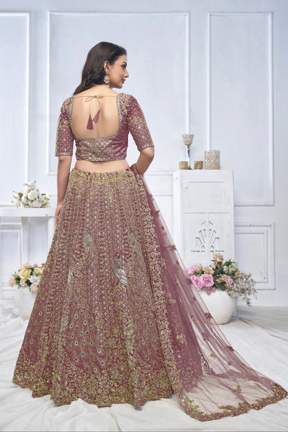 Dark Purple Aari Embroidered Soft Net Lehenga with Zari &amp; Stone Work