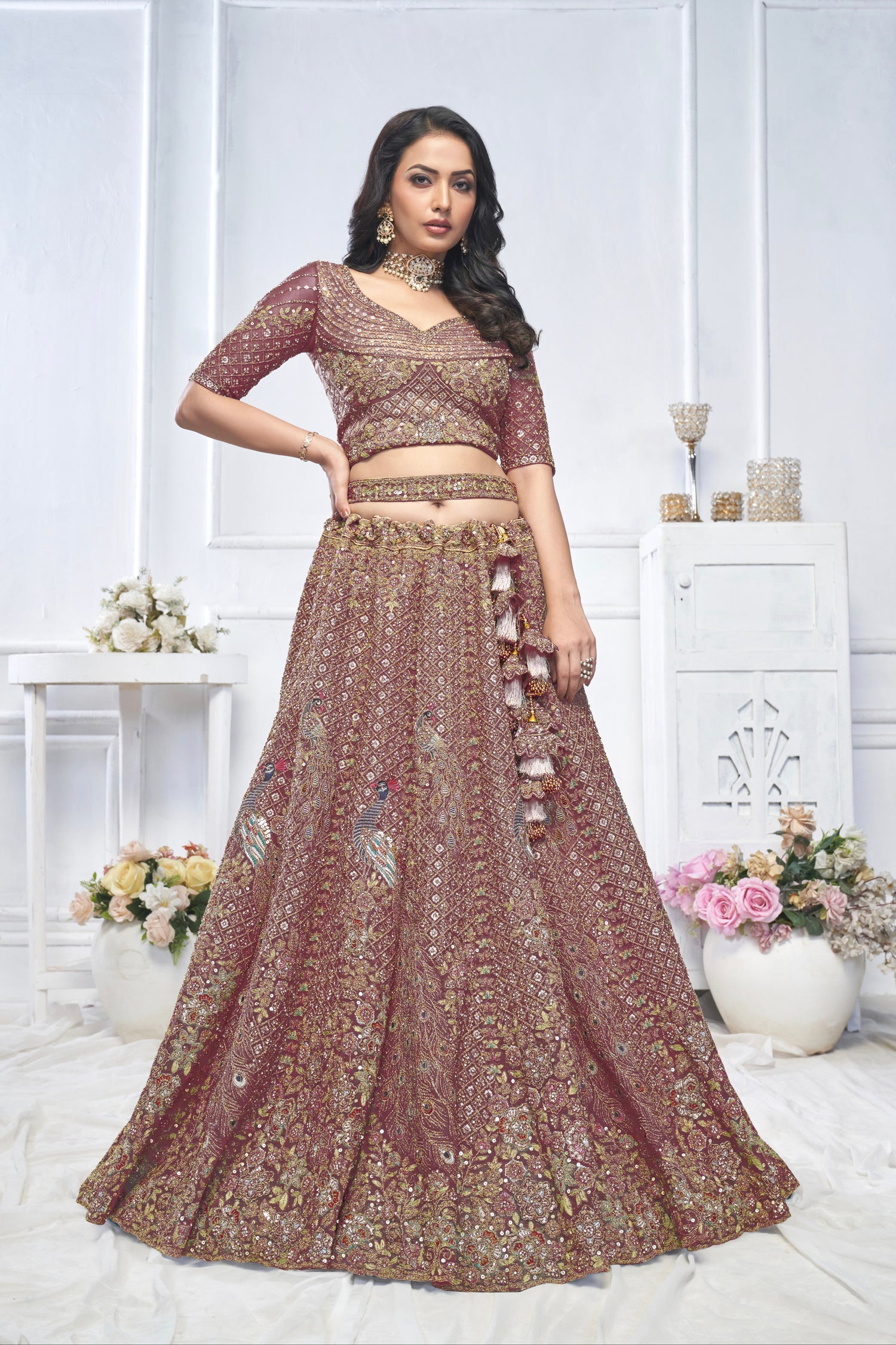 Dark Purple Aari Embroidered Soft Net Lehenga with Zari &amp; Stone Work