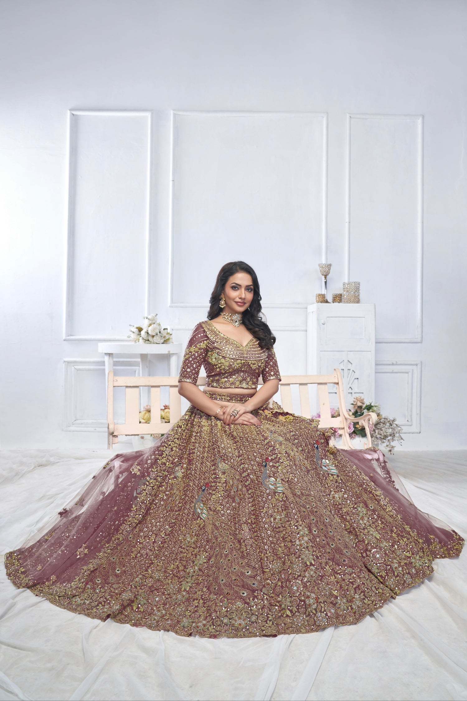 Dark Purple Aari Embroidered Soft Net Lehenga with Zari &amp; Stone Work