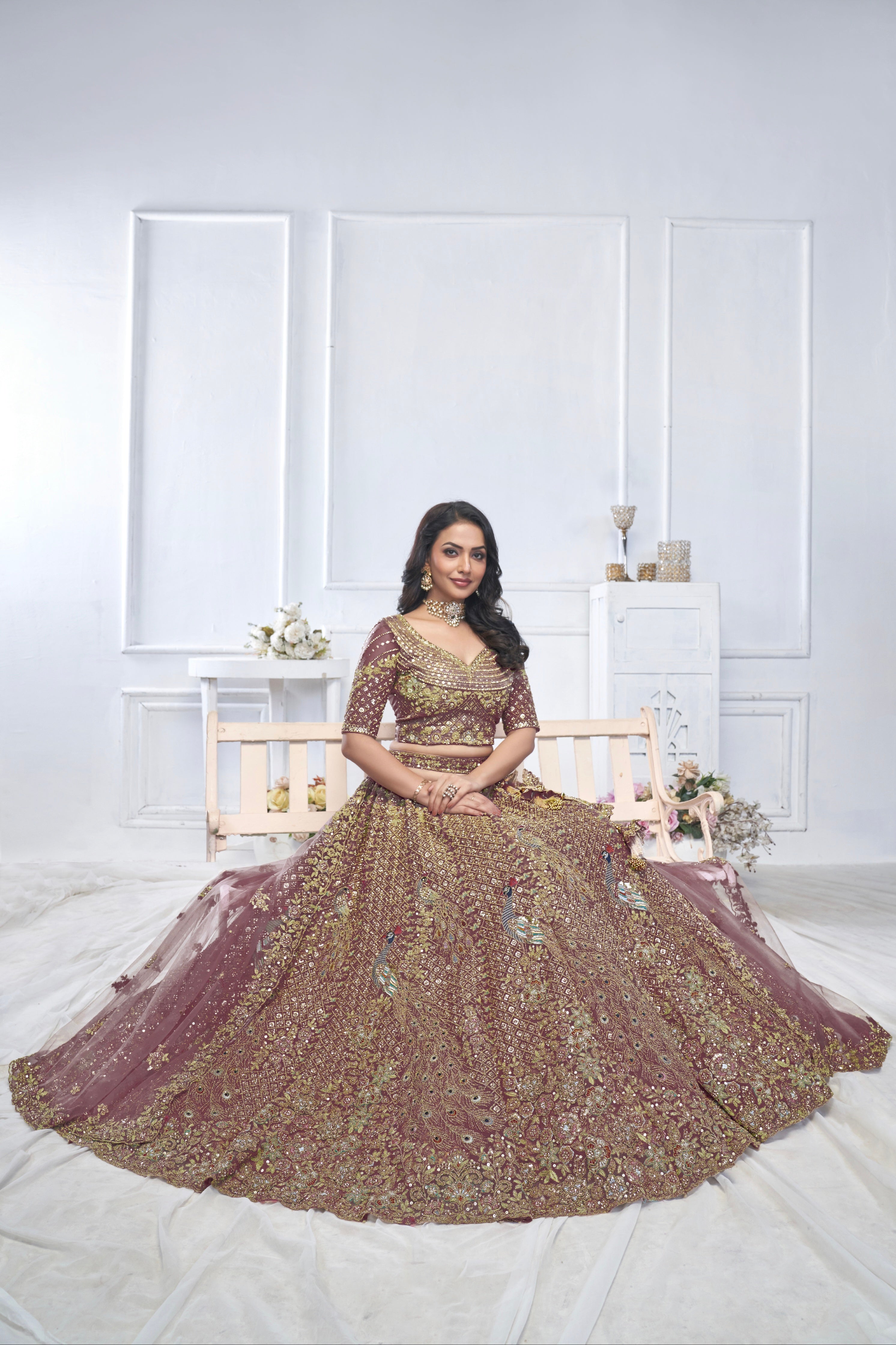 Dark Purple Aari Embroidered Soft Net Lehenga with Zari &amp; Stone Work