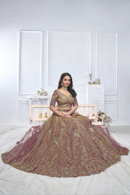 Dark Purple Aari Embroidered Soft Net Lehenga with Zari &amp; Stone Work