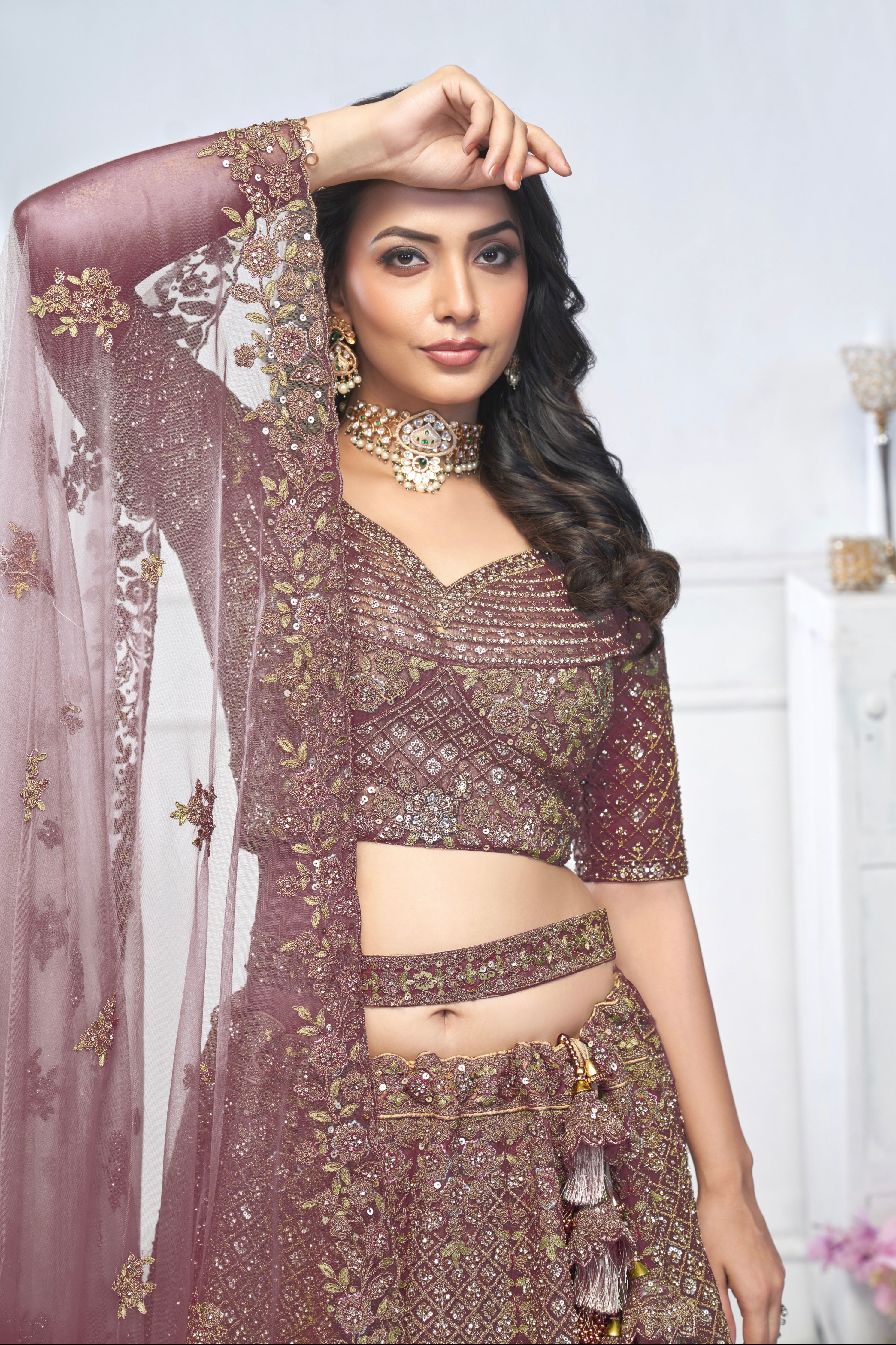 Dark Purple Aari Embroidered Soft Net Lehenga with Zari &amp; Stone Work
