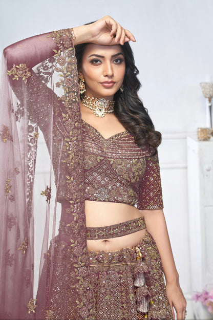 Dark Purple Aari Embroidered Soft Net Lehenga with Zari &amp; Stone Work
