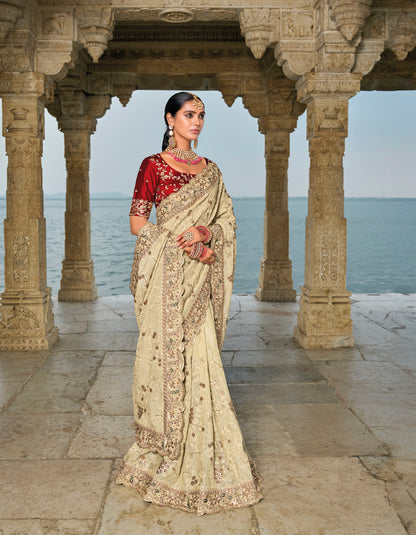 Cream Banarasi Jari Saree with Lucknowi &amp; Jarkhan Embroidery