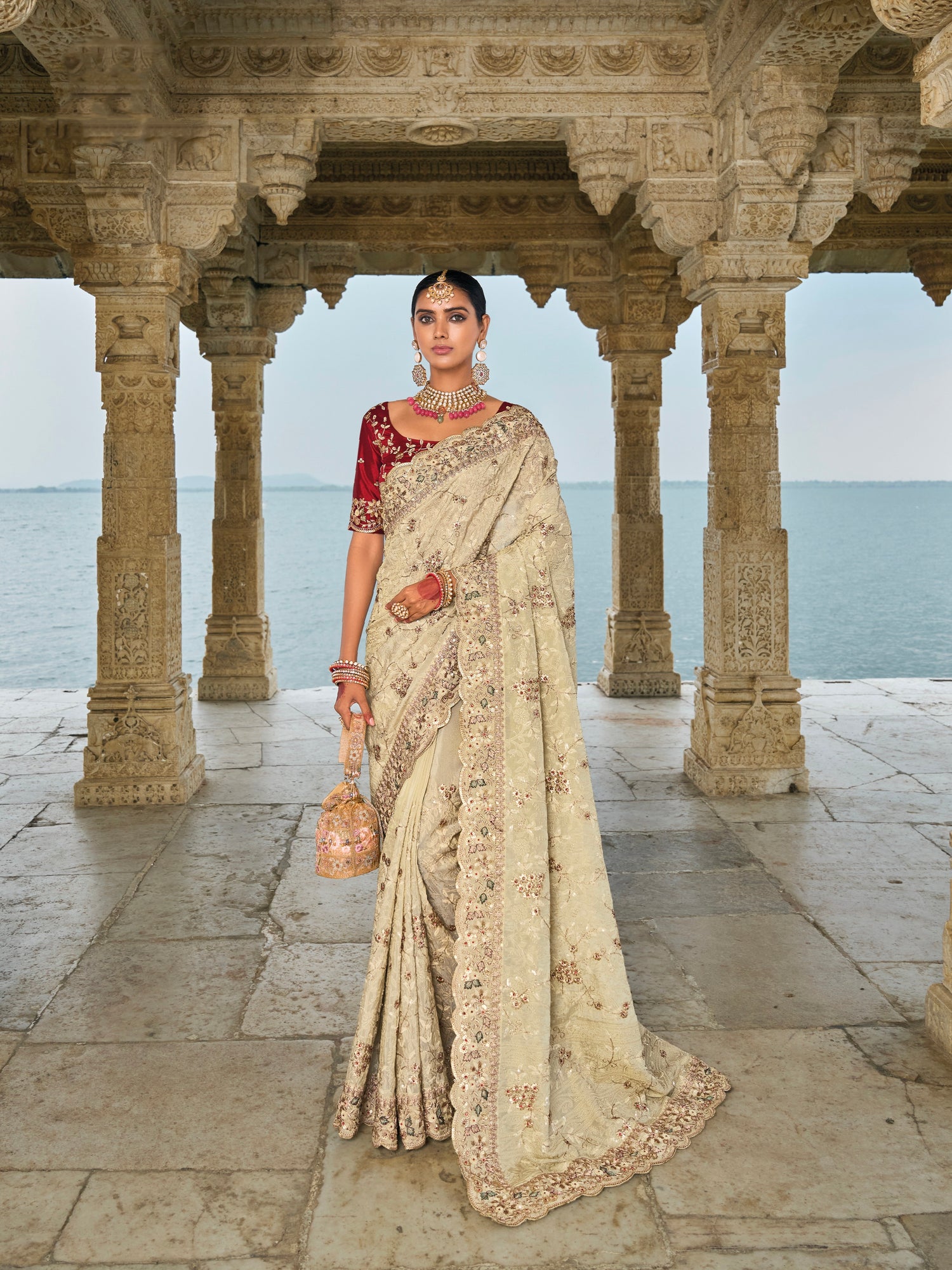 Cream Banarasi Jari Saree with Lucknowi &amp; Jarkhan Embroidery