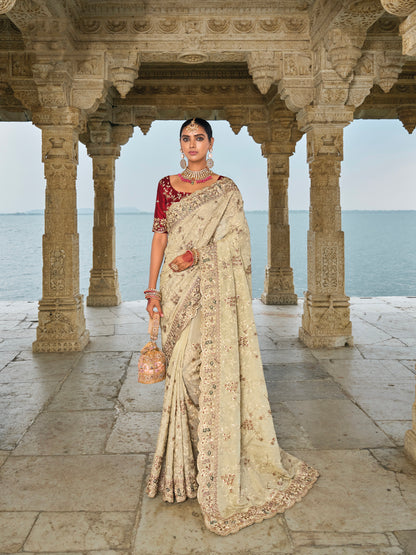 Cream Banarasi Jari Saree with Lucknowi &amp; Jarkhan Embroidery