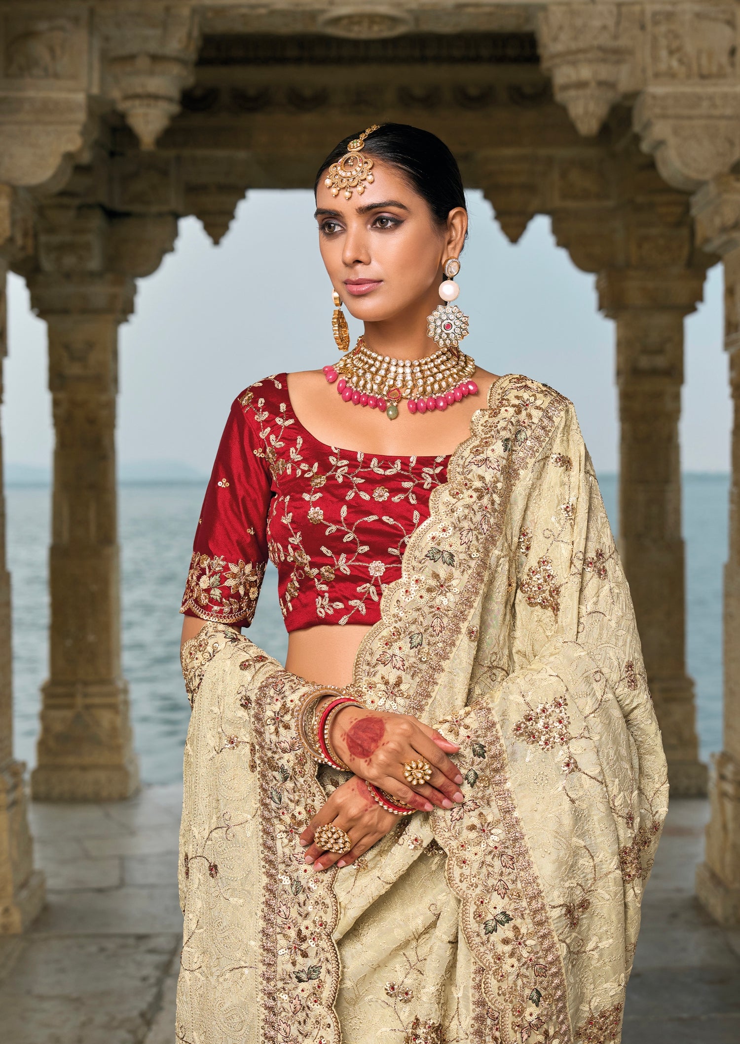 Cream Banarasi Jari Saree with Lucknowi &amp; Jarkhan Embroidery