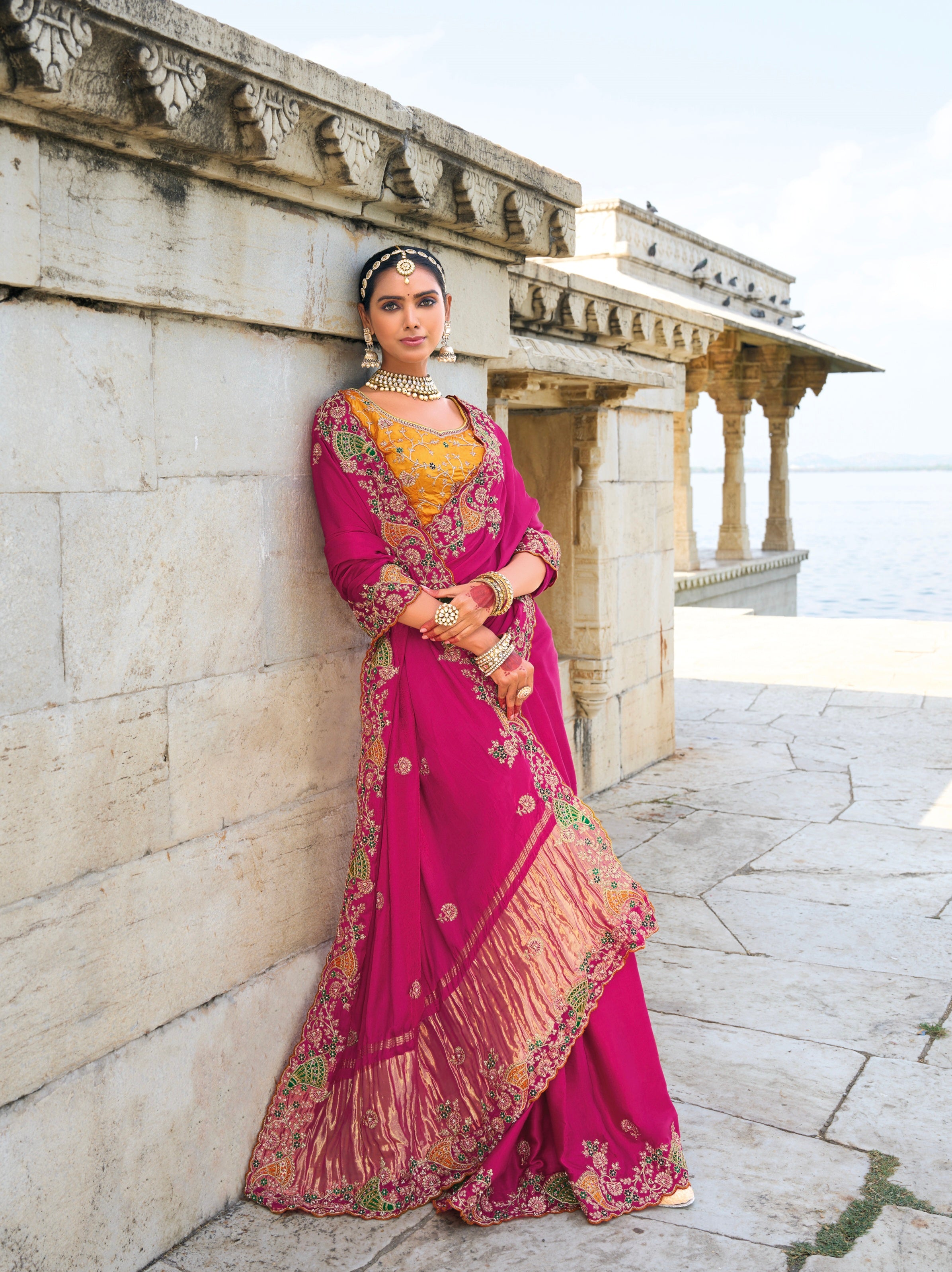 Rani Pink Satin Saree with Jari, Thread &amp; Moti Embroidery