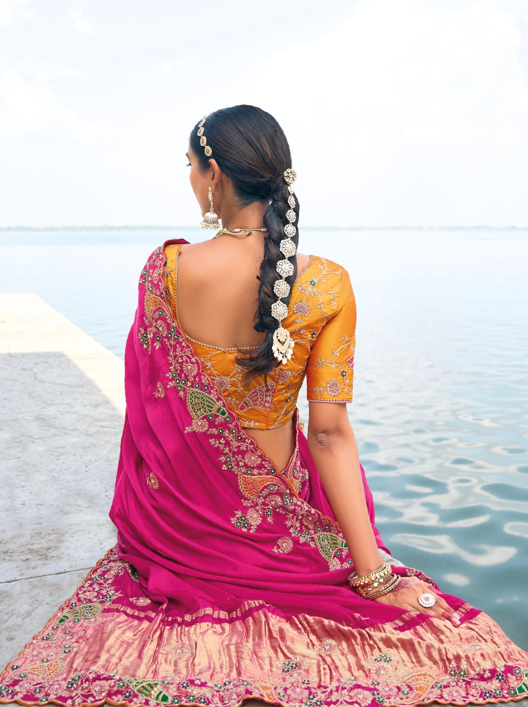 Rani Pink Satin Saree with Jari, Thread &amp; Moti Embroidery