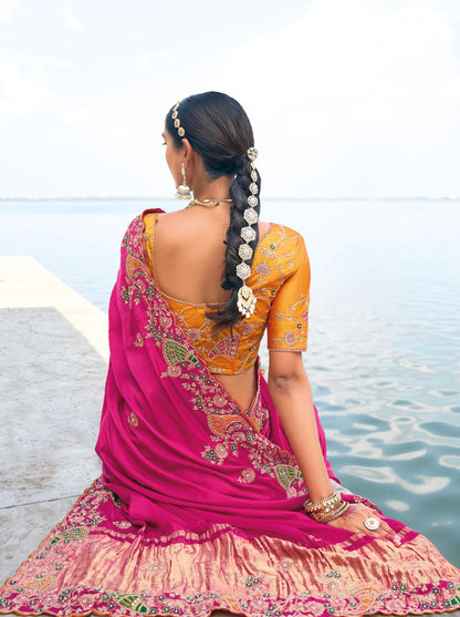 Rani Pink Satin Saree with Jari, Thread &amp; Moti Embroidery
