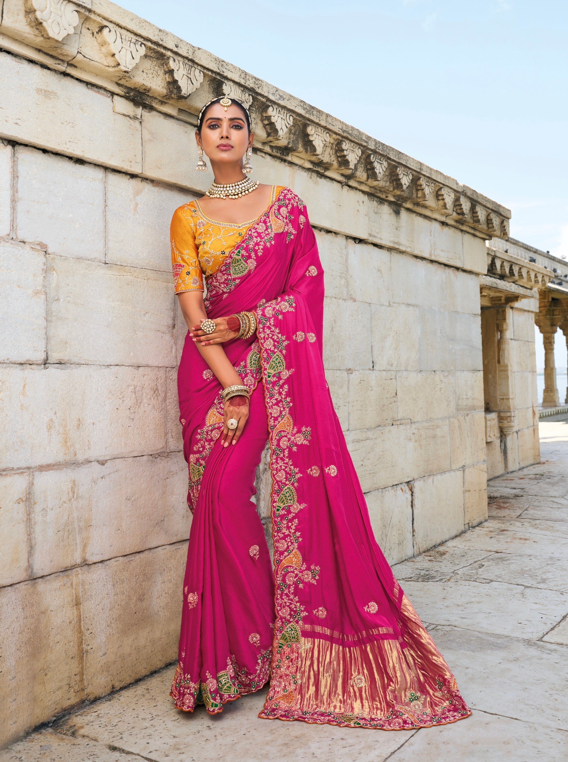 Rani Pink Satin Saree with Jari, Thread &amp; Moti Embroidery