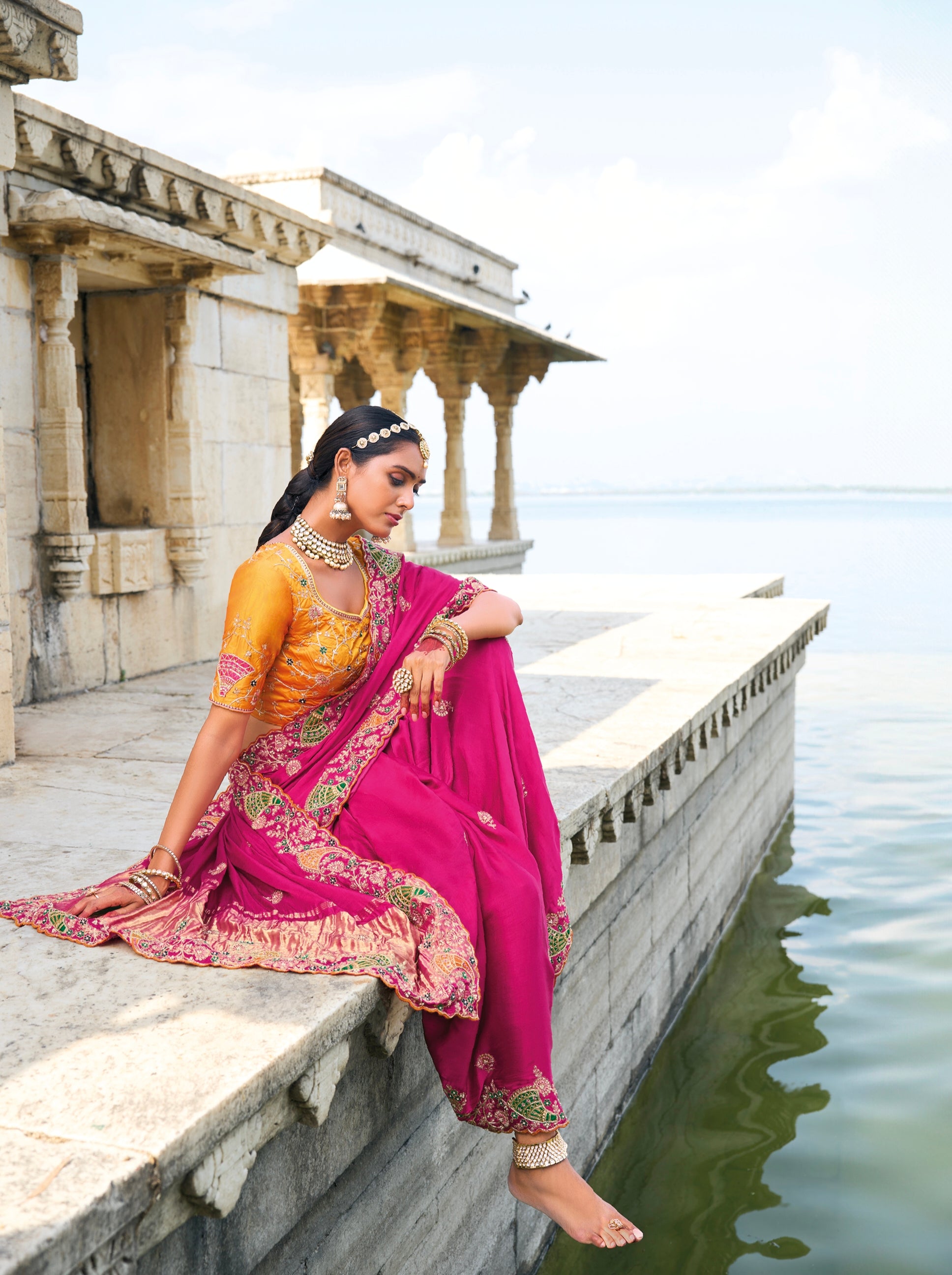 Rani Pink Satin Saree with Jari, Thread &amp; Moti Embroidery