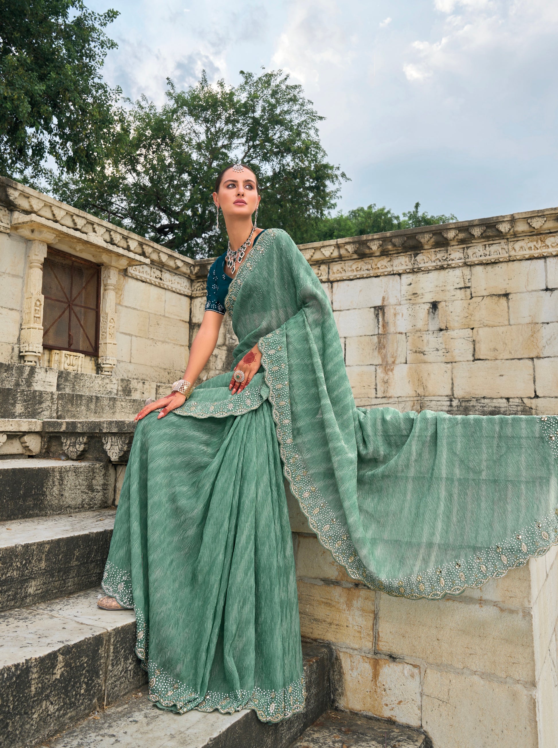 Sea Green Tissue Saree with Moti & Jarkhan Embroidery