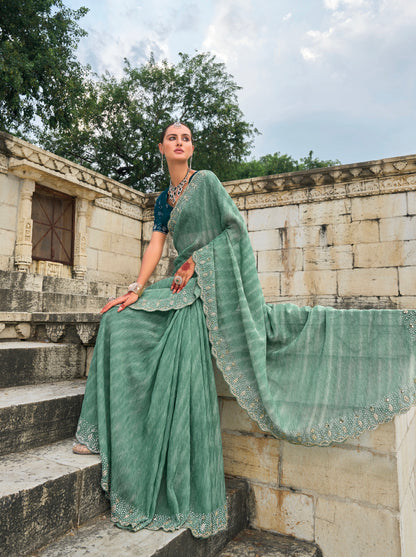 Sea Green Tissue Saree with Moti &amp; Jarkhan Embroidery