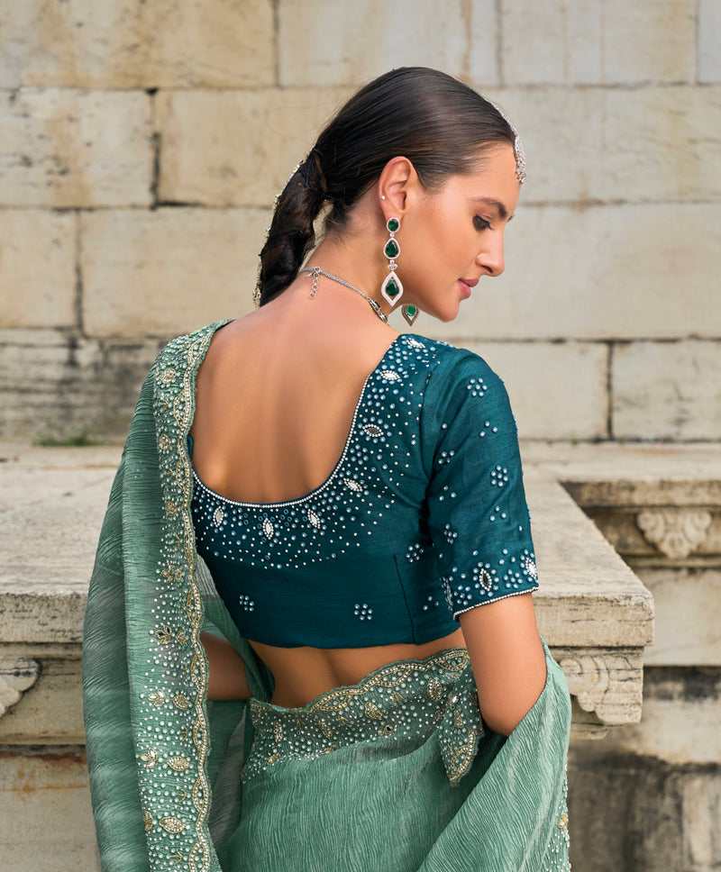 Sea Green Tissue Saree with Moti & Jarkhan Embroidery