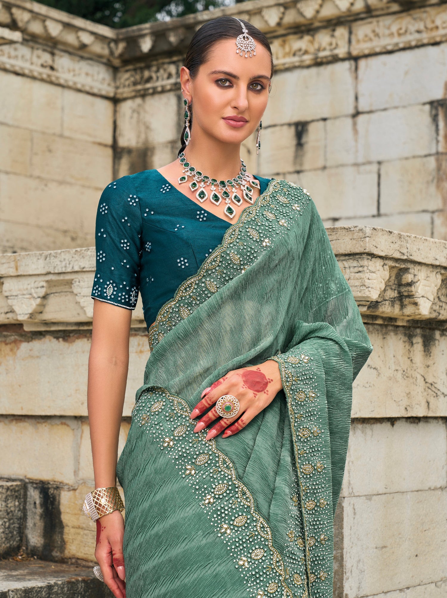 Sea Green Tissue Saree with Moti &amp; Jarkhan Embroidery