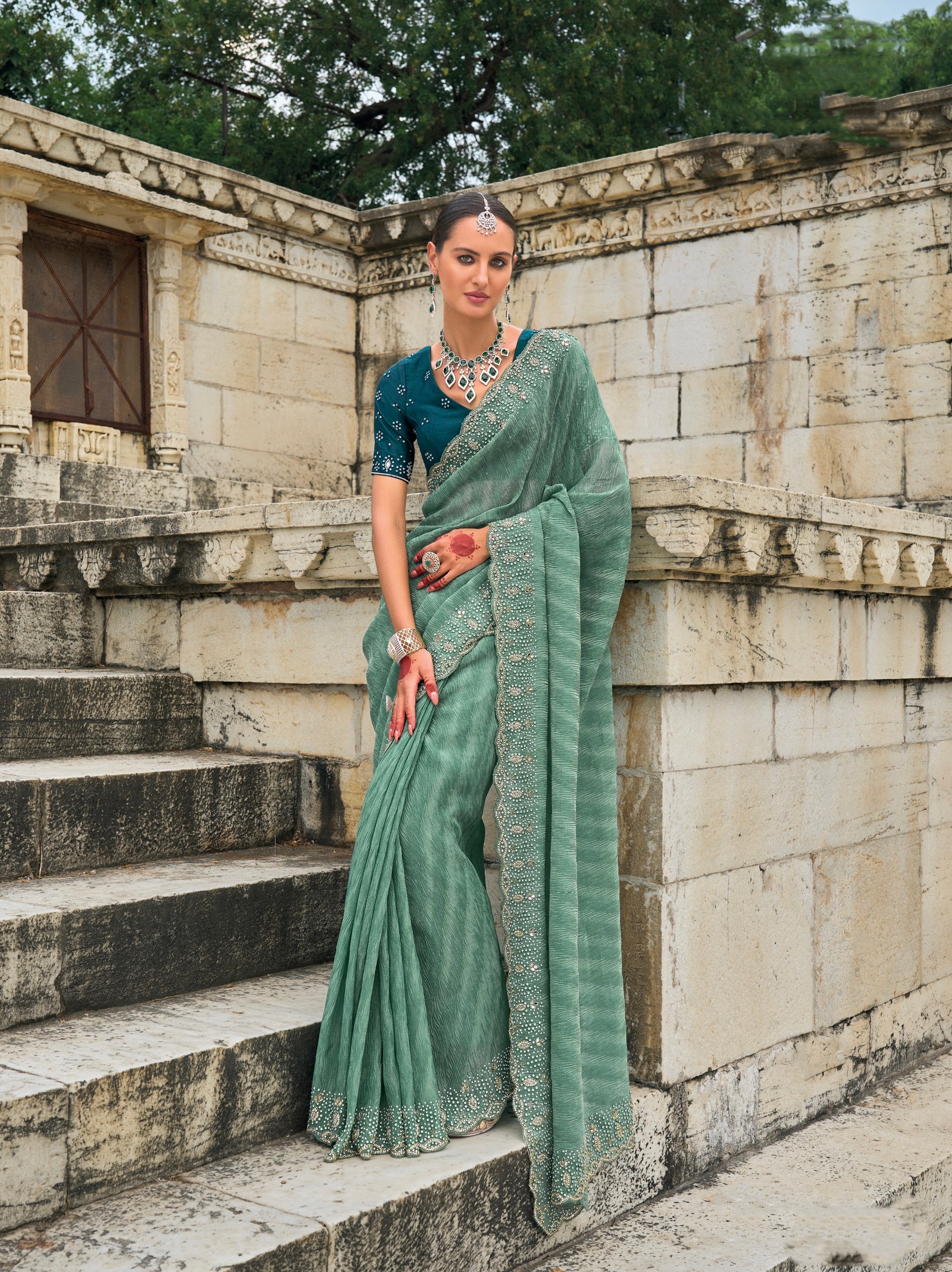 Sea Green Tissue Saree with Moti &amp; Jarkhan Embroidery
