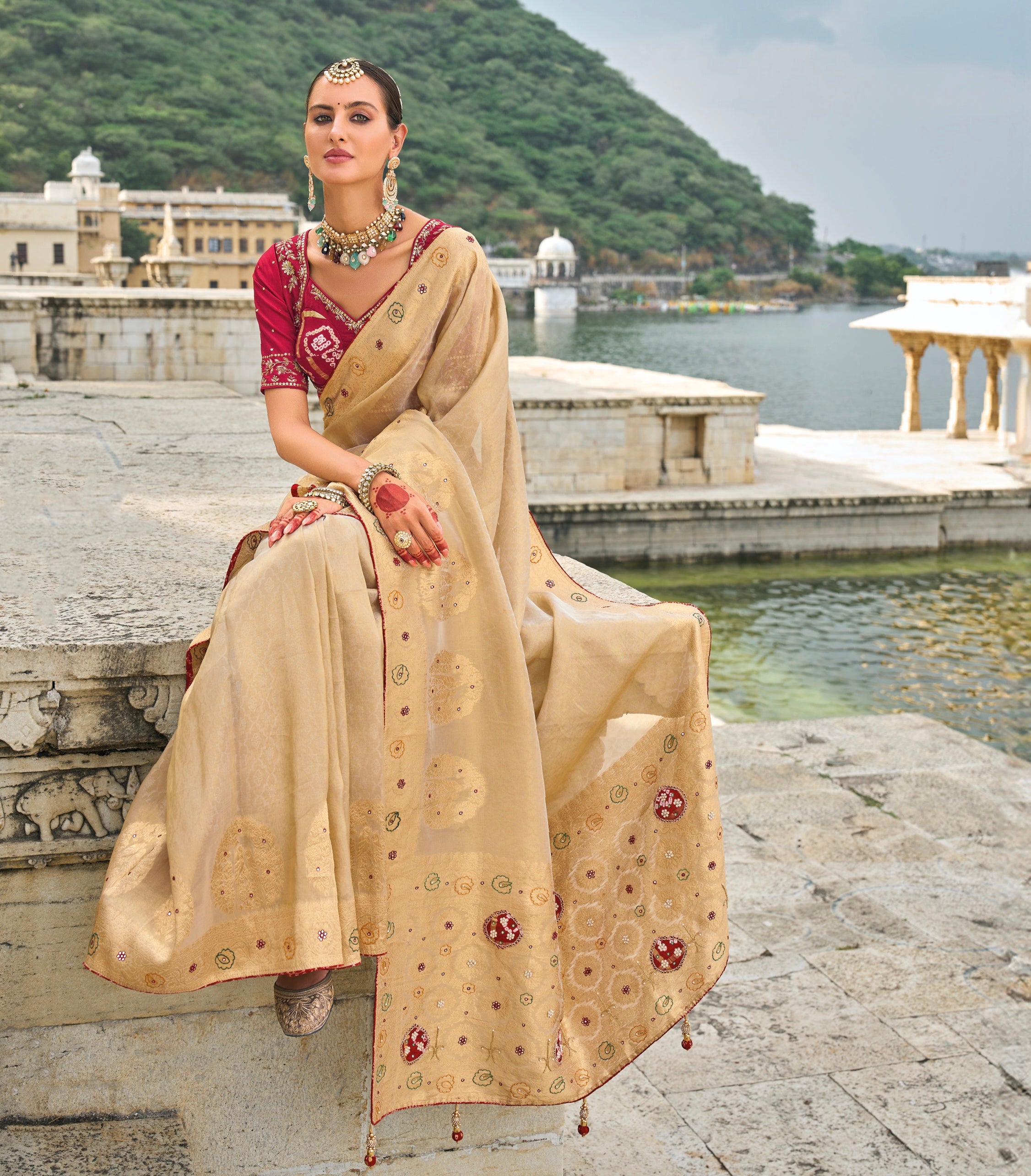 Chiku Kanjivaram Silk Saree with Jardoshi &amp; Cut-Dana Detailing