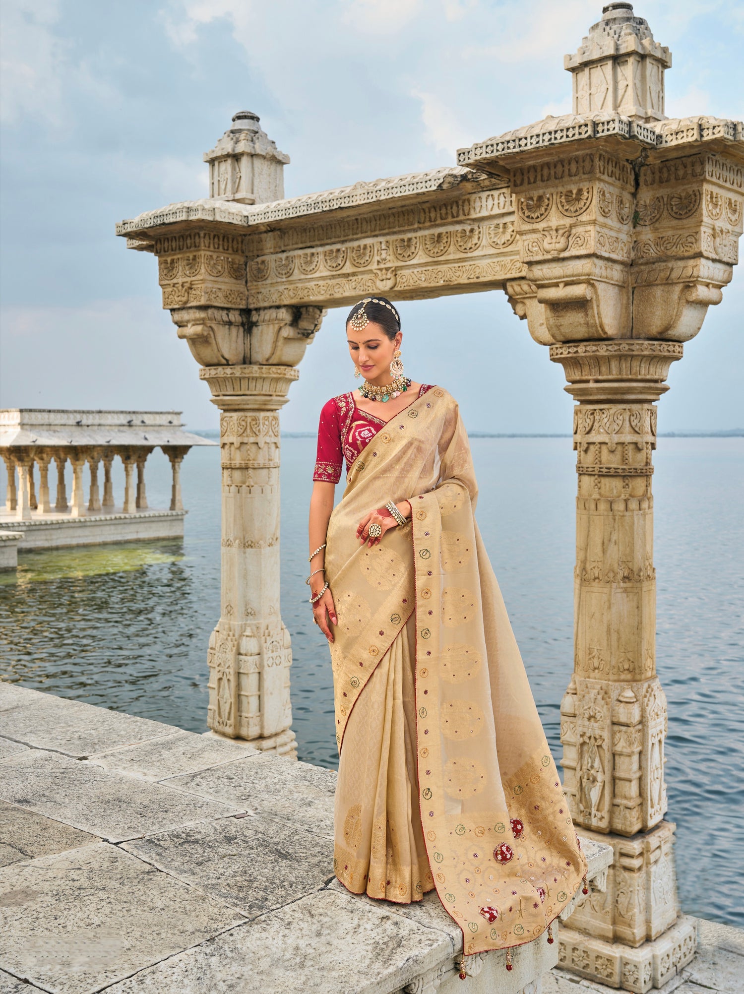 Chiku Kanjivaram Silk Saree with Jardoshi &amp; Cut-Dana Detailing