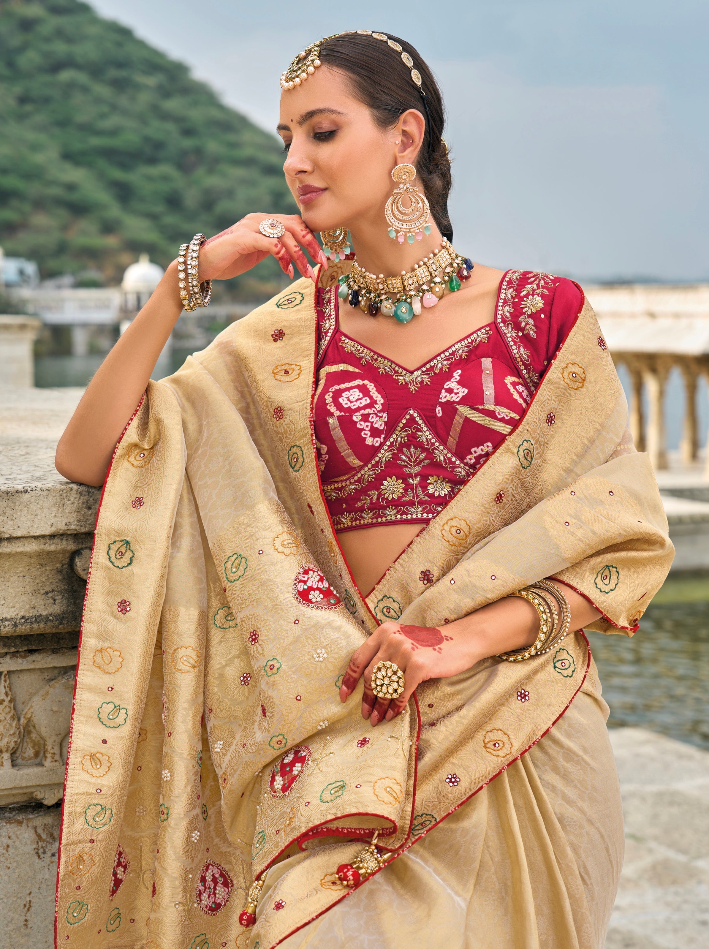 Chiku Kanjivaram Silk Saree with Jardoshi &amp; Cut-Dana Detailing
