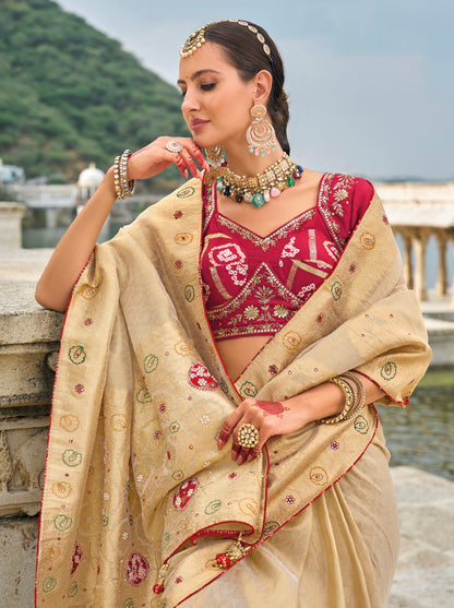 Chiku Kanjivaram Silk Saree with Jardoshi &amp; Cut-Dana Detailing