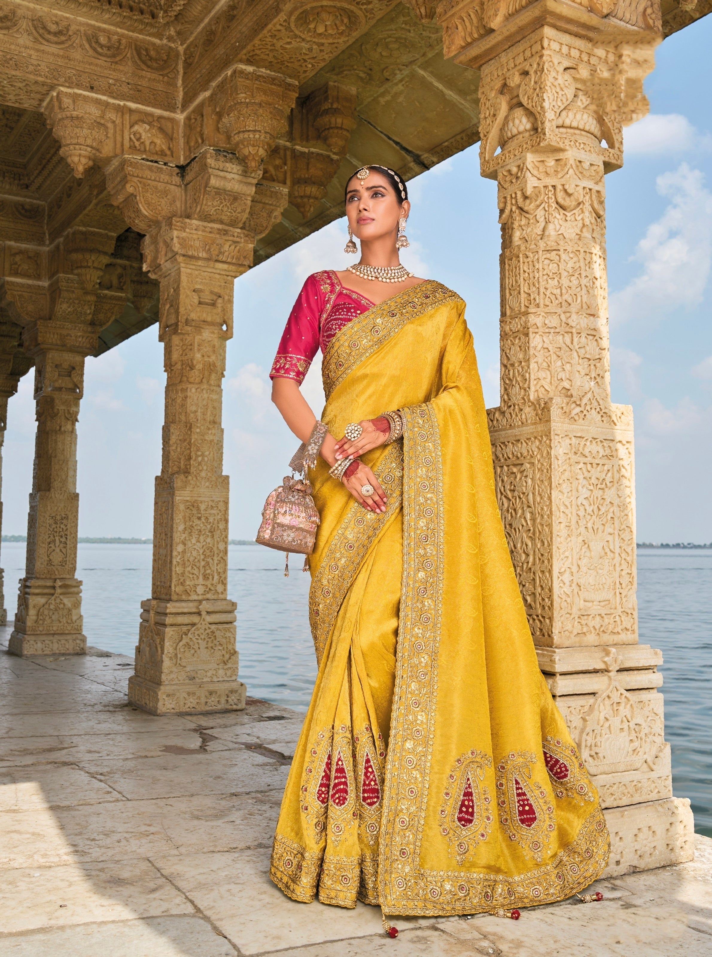 Mustard Pure Crepe Jacquard Saree with Mirror and Jardoshi Heavy Work