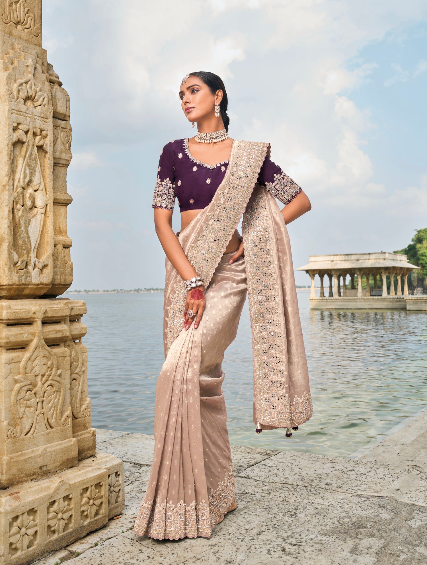 Light Peach Pure Kanjivaram Butti Saree with Jarkhan &amp; Moti Heavy Work