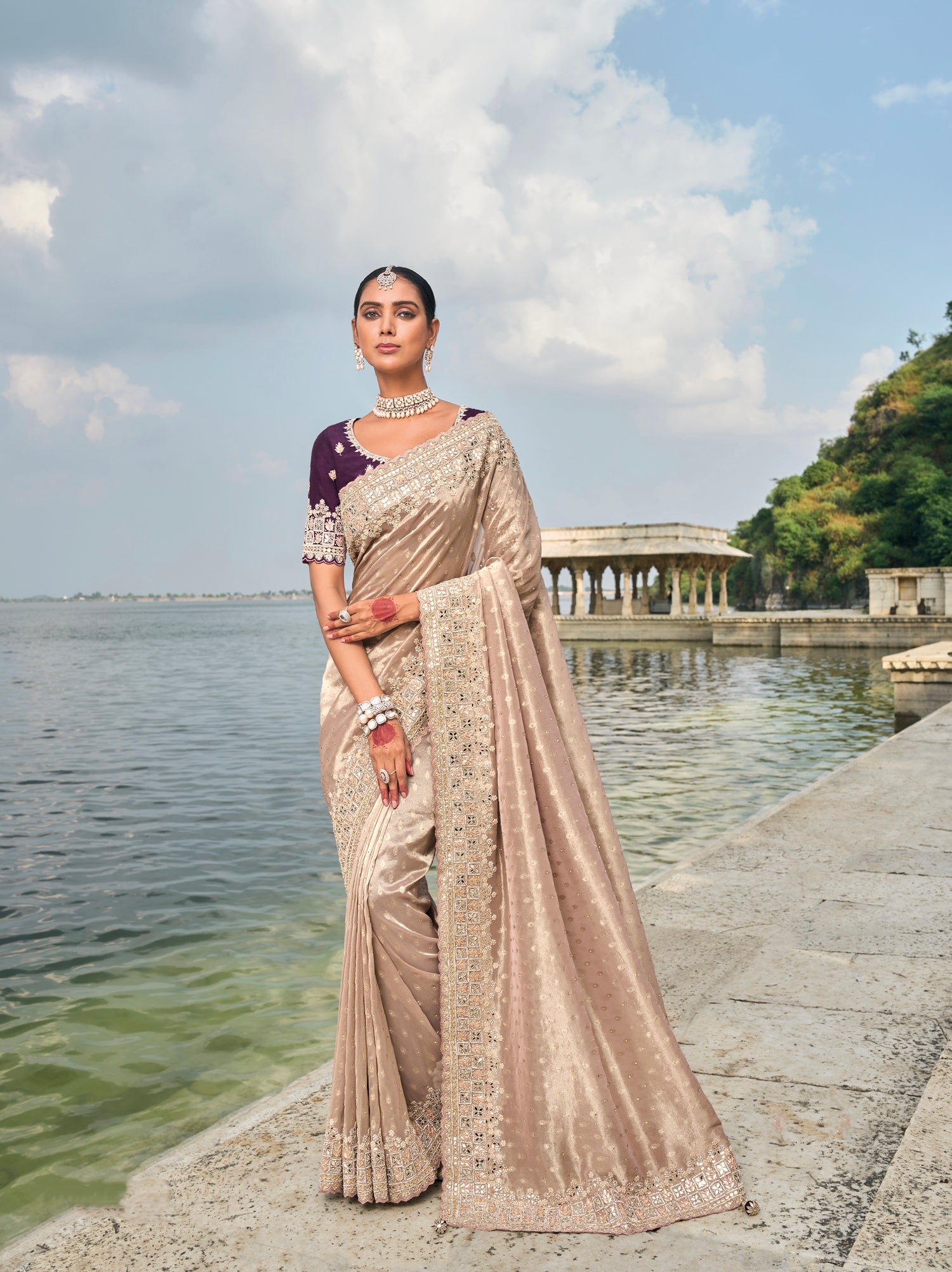 Light Peach Pure Kanjivaram Butti Saree with Jarkhan &amp; Moti Heavy Work