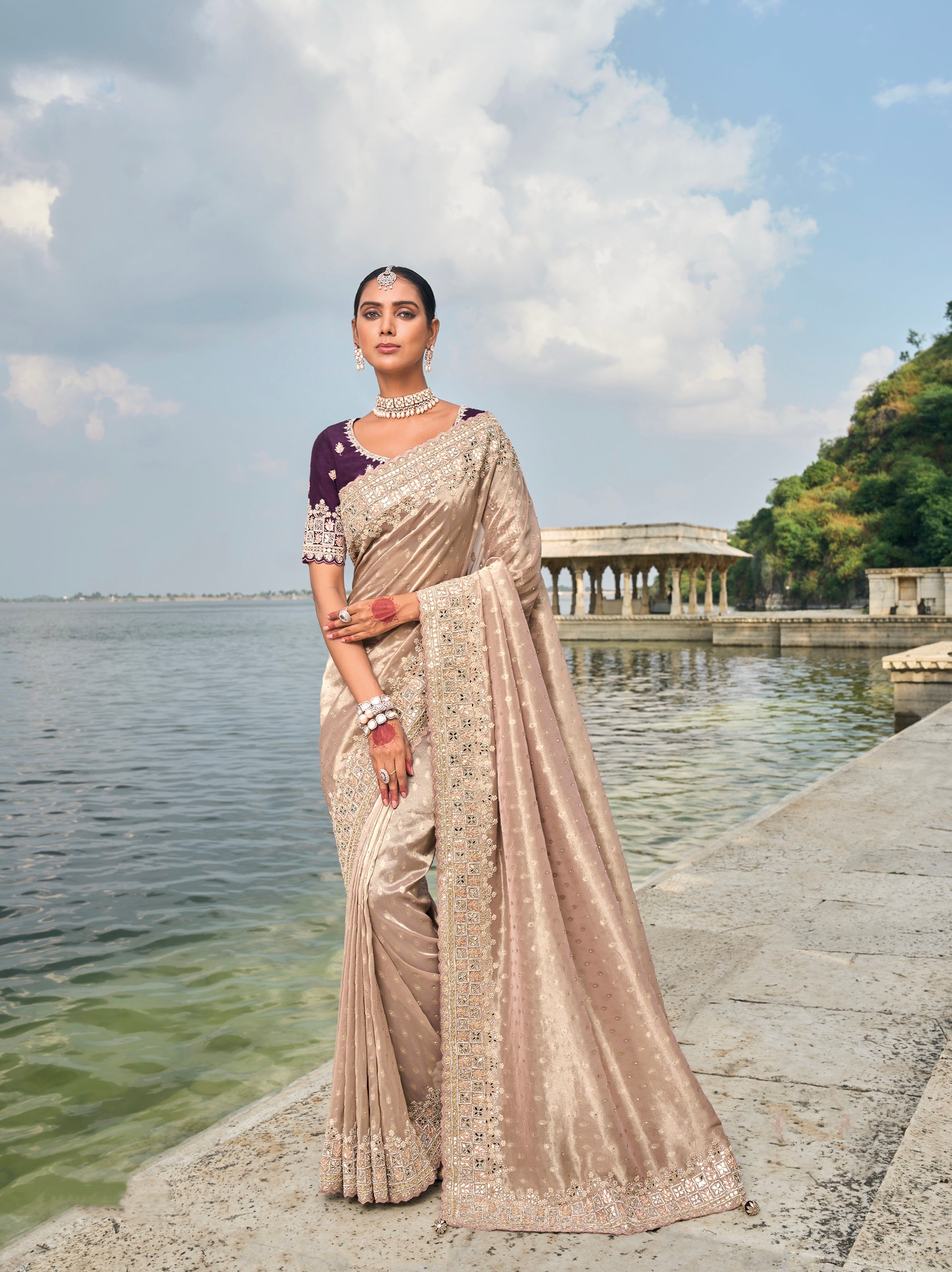 Light Peach Pure Kanjivaram Butti Saree with Jarkhan &amp; Moti Heavy Work