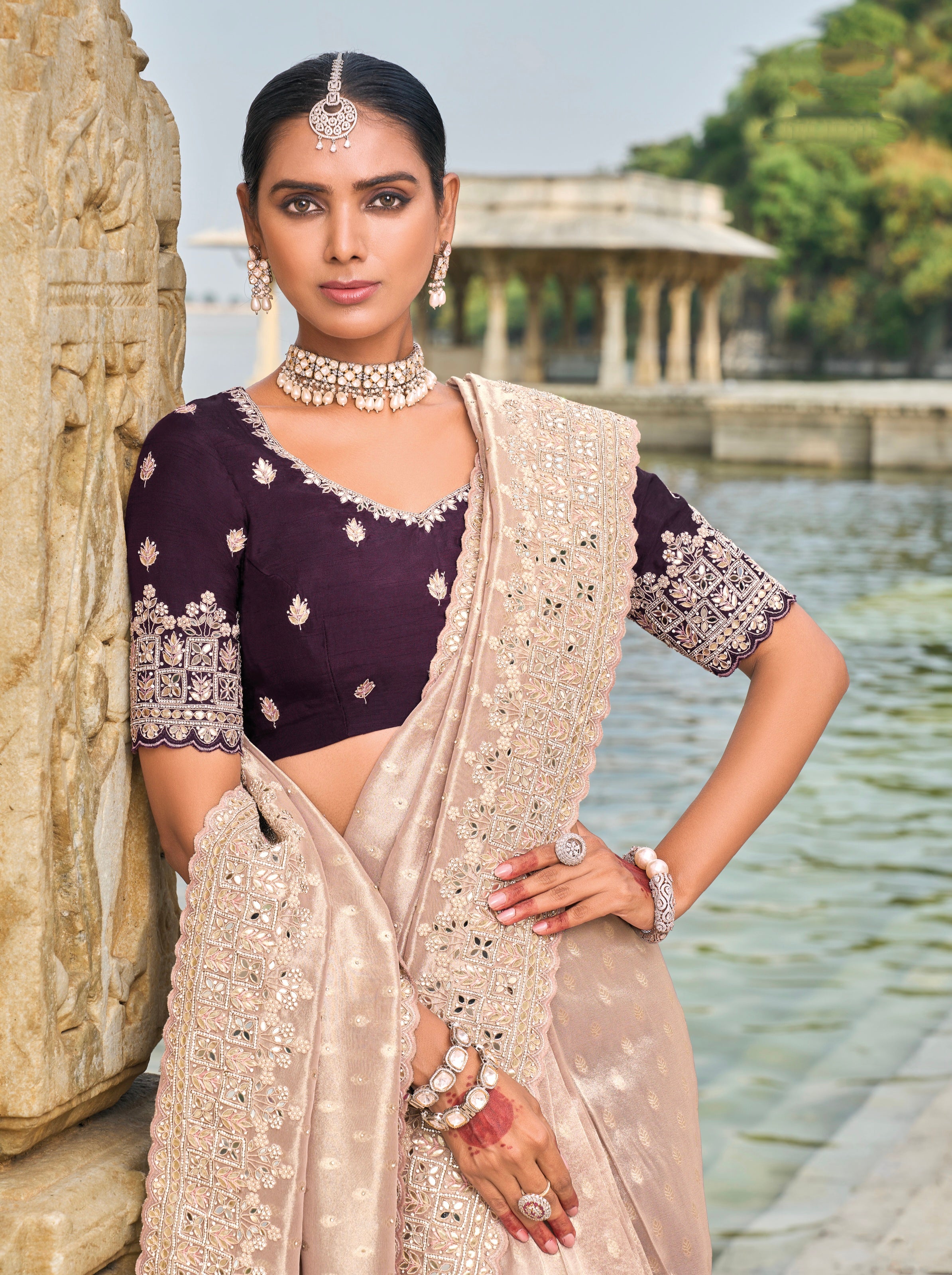 Light Peach Pure Kanjivaram Butti Saree with Jarkhan &amp; Moti Heavy Work