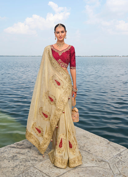 Cream Pure Jaquard Saree with Cut-Dana, Mirror &amp; Jarkhan Heavy Work