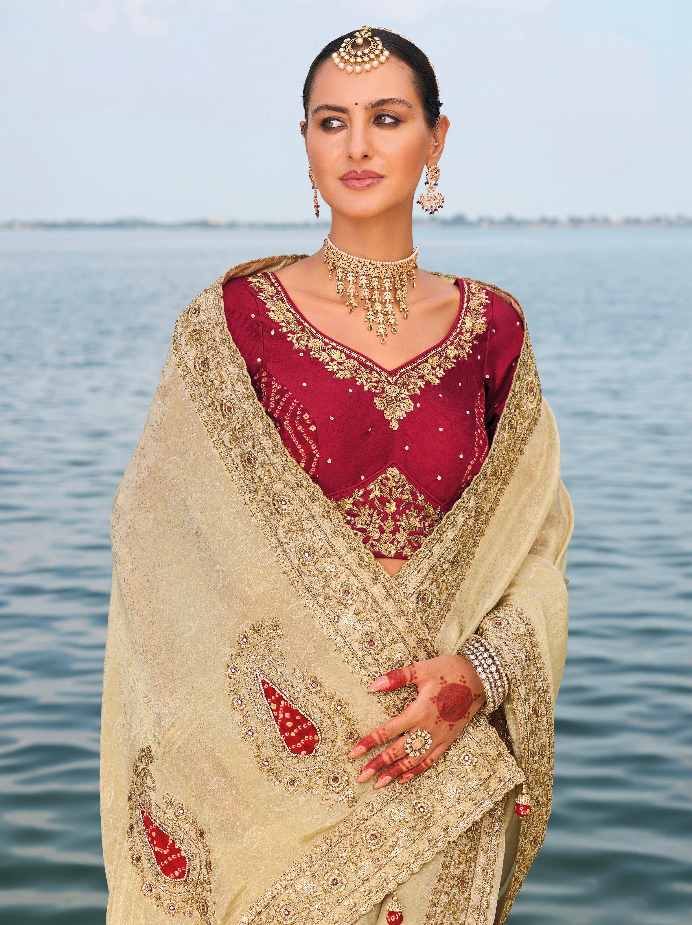 Cream Pure Jaquard Saree with Cut-Dana, Mirror &amp; Jarkhan Heavy Work