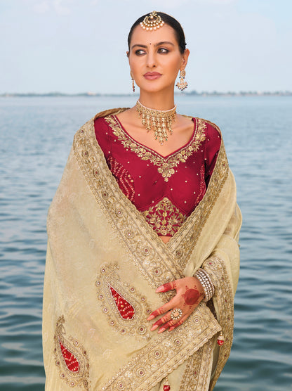 Cream Pure Jaquard Saree with Cut-Dana, Mirror &amp; Jarkhan Heavy Work