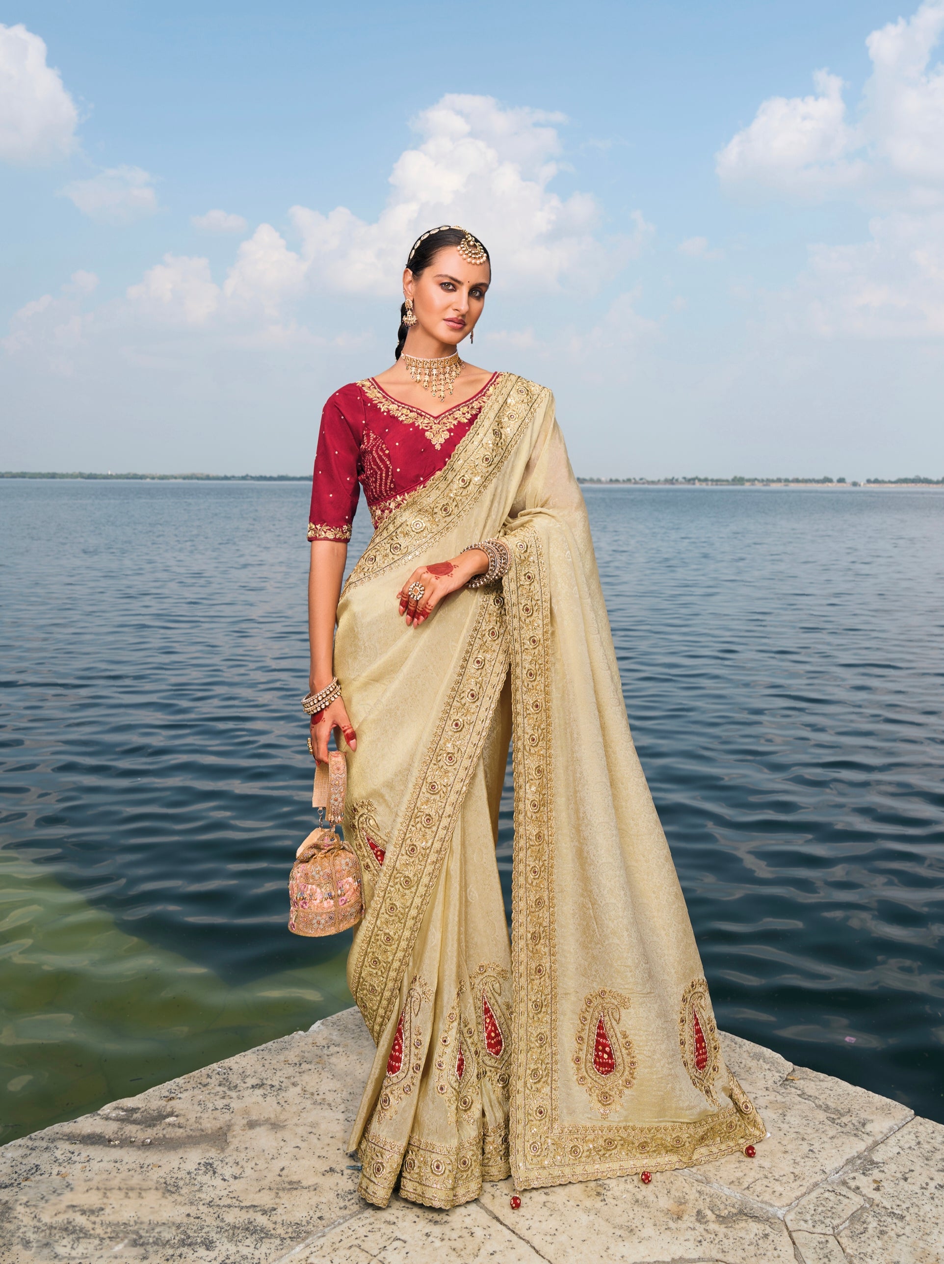 Cream Pure Jaquard Saree with Cut-Dana, Mirror & Jarkhan Heavy Work