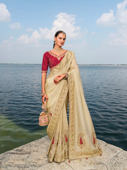 Cream Pure Jaquard Saree with Cut-Dana, Mirror &amp; Jarkhan Heavy Work