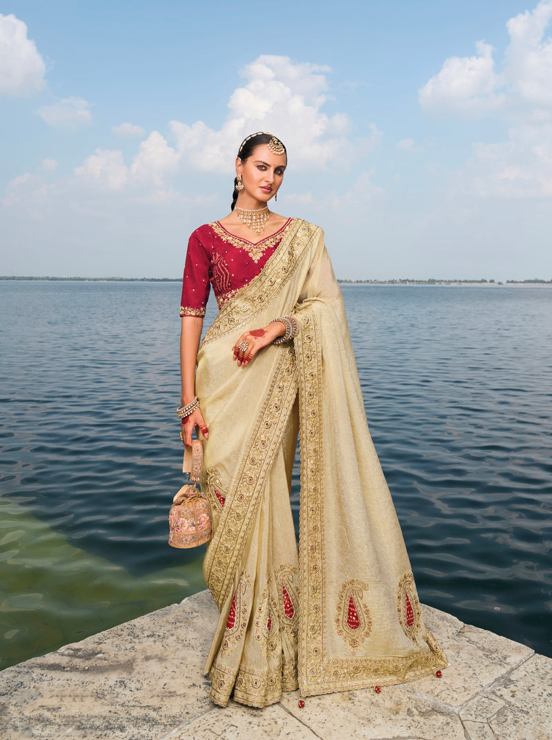 Cream Pure Jaquard Saree with Cut-Dana, Mirror & Jarkhan Heavy Work