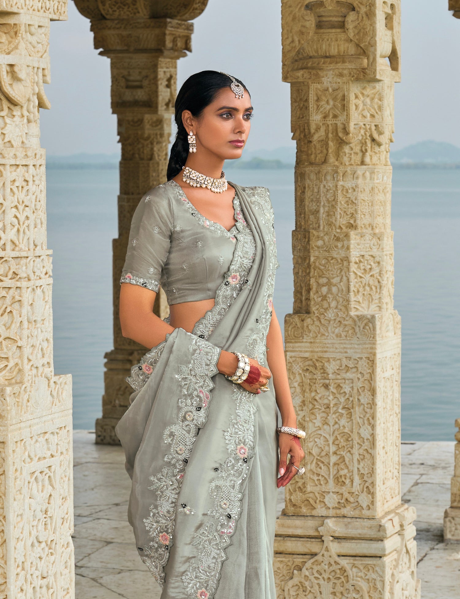 Grey Pure Banarasi Jari Saree with Cut-Dana &amp; Jarkhan Heavy Work