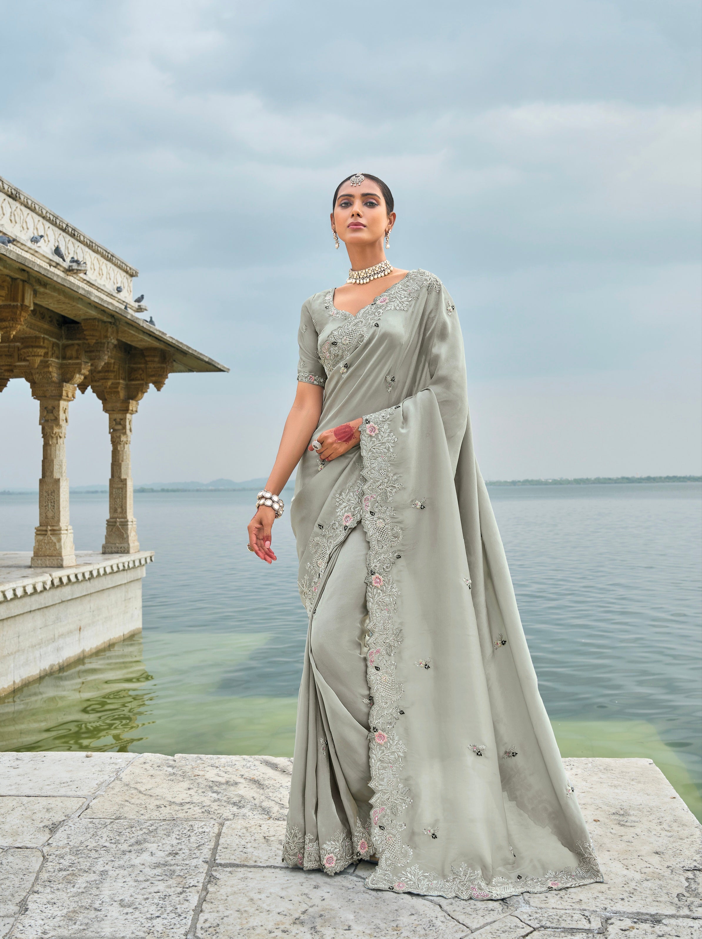 Grey Pure Banarasi Jari Saree with Cut-Dana &amp; Jarkhan Heavy Work