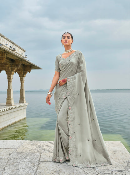 Grey Pure Banarasi Jari Saree with Cut-Dana &amp; Jarkhan Heavy Work