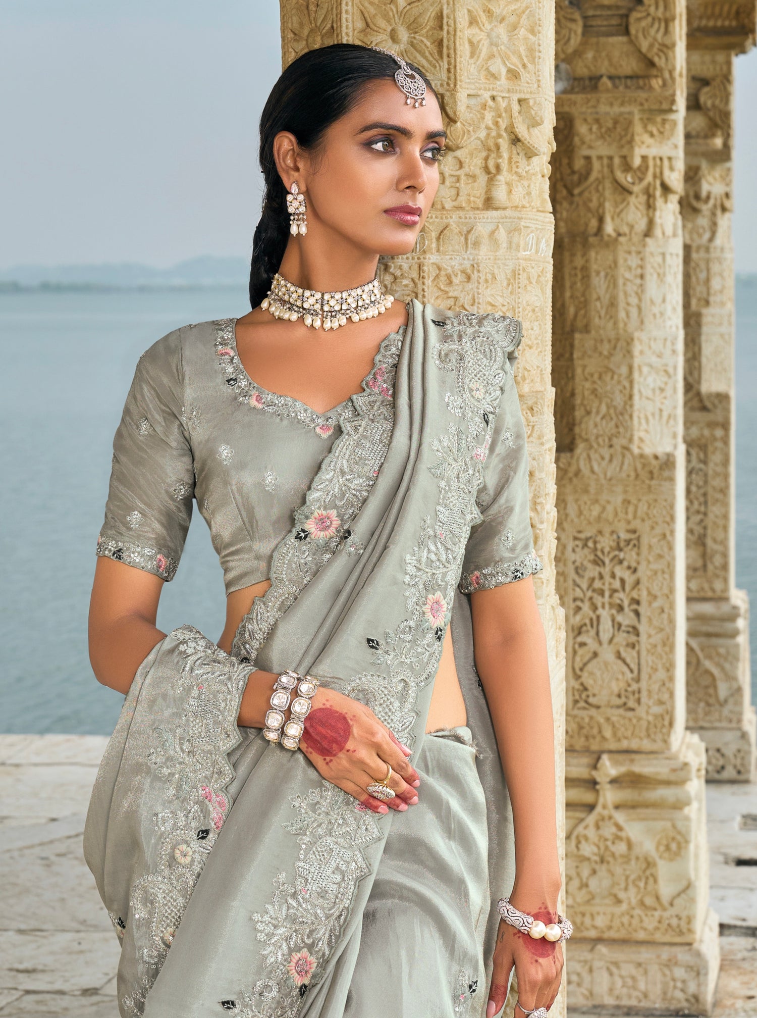 Grey Pure Banarasi Jari Saree with Cut-Dana &amp; Jarkhan Heavy Work