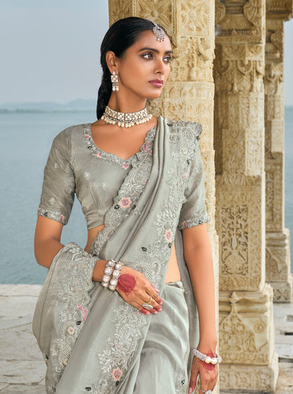 Grey Pure Banarasi Jari Saree with Cut-Dana &amp; Jarkhan Heavy Work