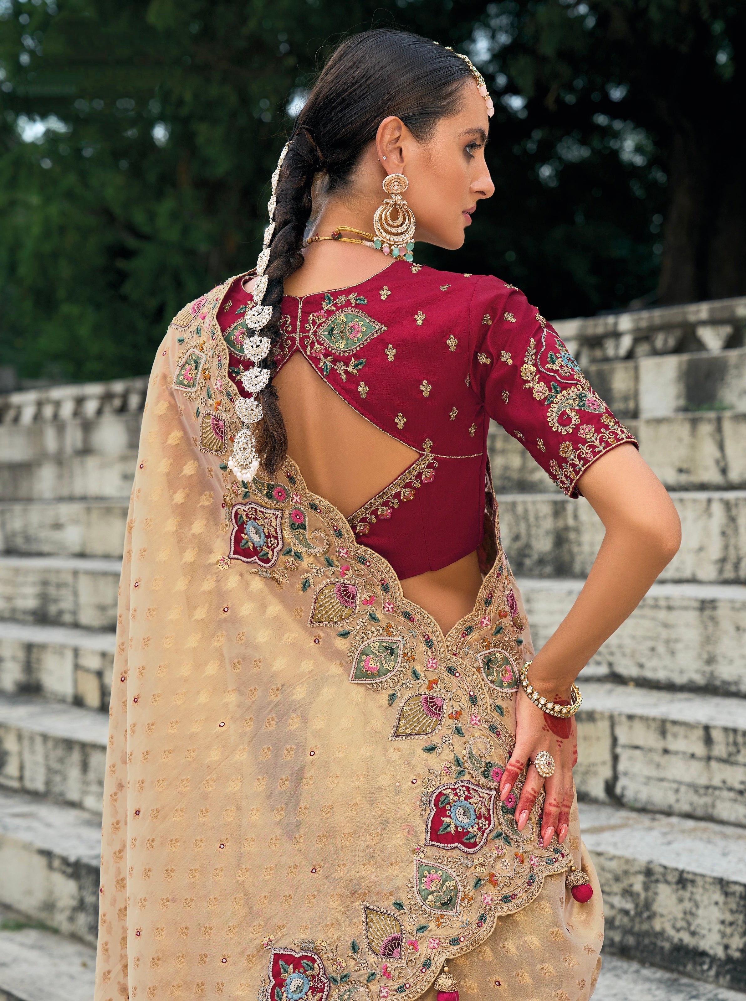 Light Peach Pure Kanjivaram Butti Saree with Mirror &amp; Moti Heavy Work