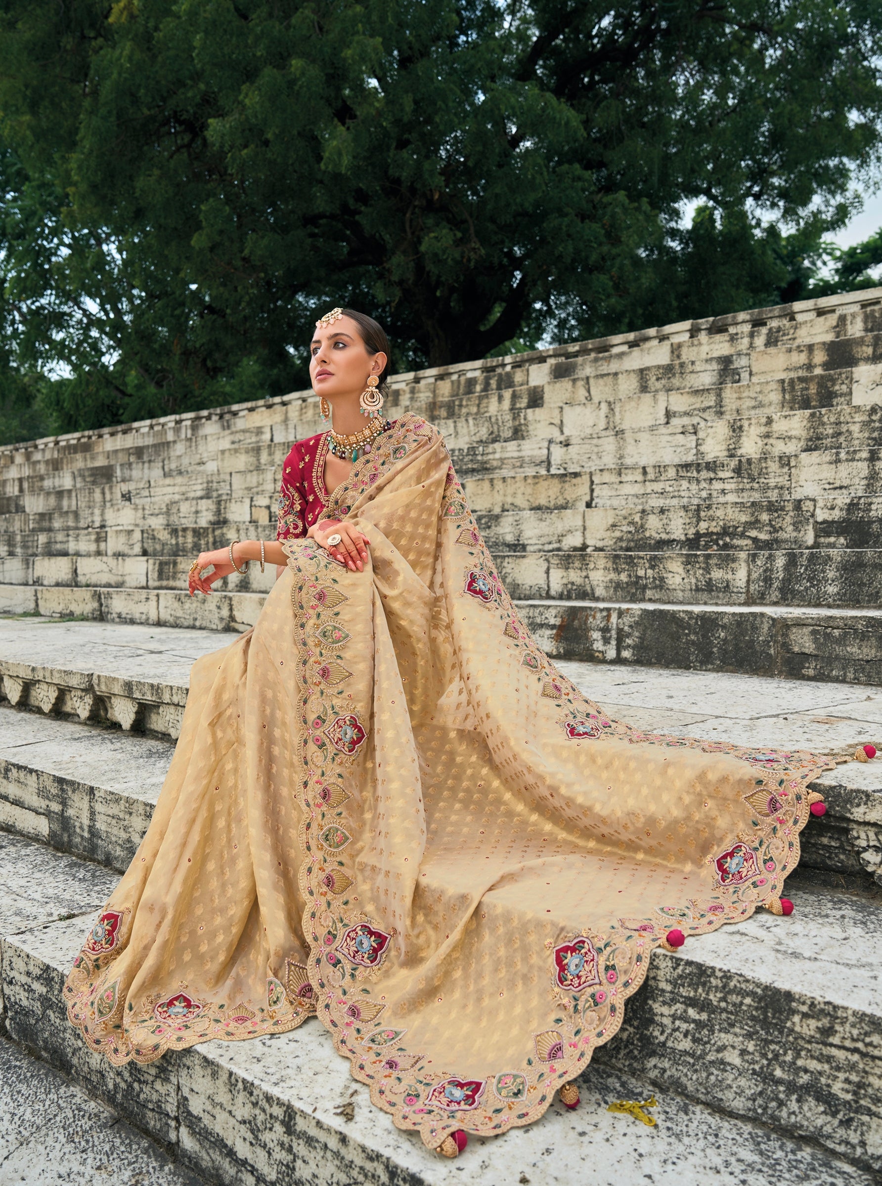 Light Peach Pure Kanjivaram Butti Saree with Mirror &amp; Moti Heavy Work