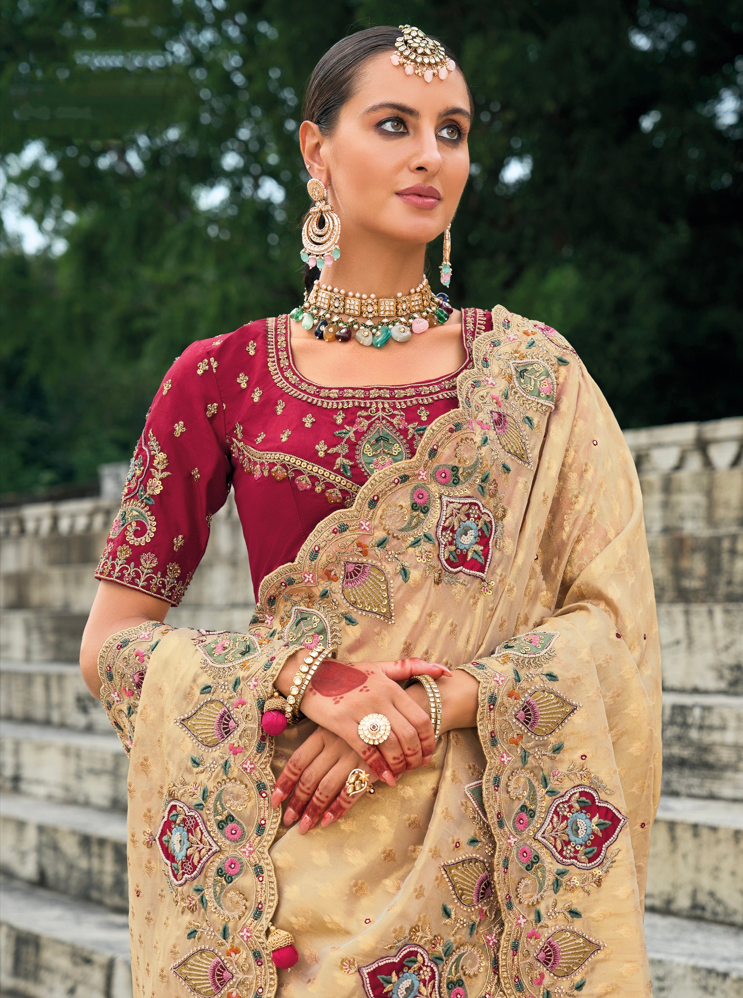 Light Peach Pure Kanjivaram Butti Saree with Mirror &amp; Moti Heavy Work