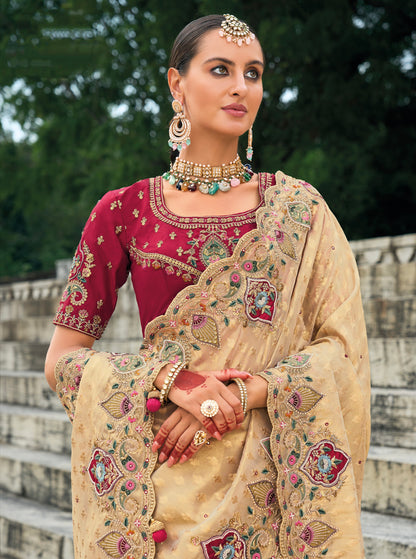 Light Peach Pure Kanjivaram Butti Saree with Mirror &amp; Moti Heavy Work