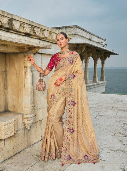 Light Peach Pure Kanjivaram Butti Saree with Mirror &amp; Moti Heavy Work