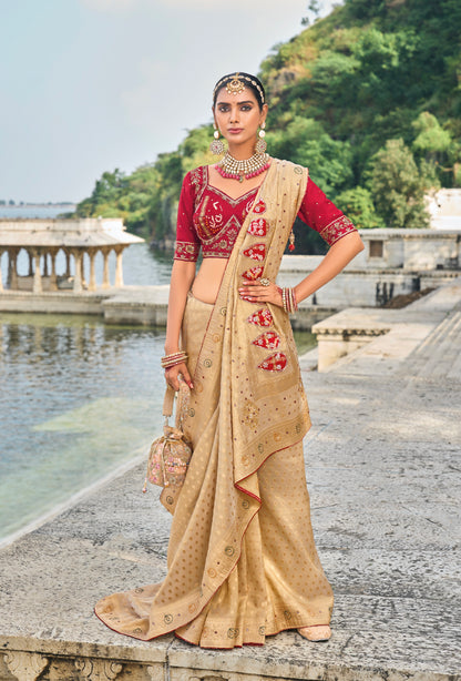 Chiku Pure Kanjivaram Silk Saree with Jardoshi, &amp; Moti Heavy Work
