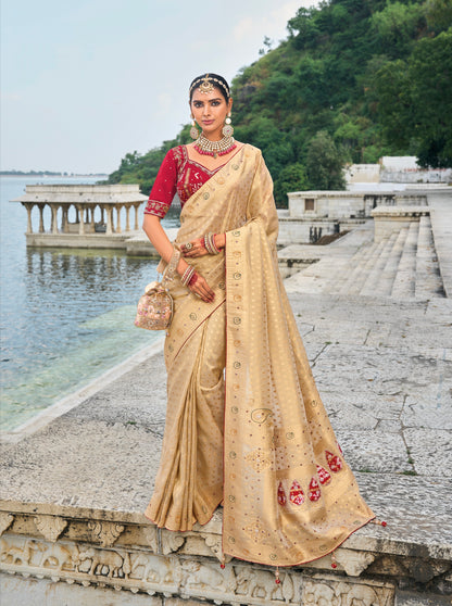 Chiku Pure Kanjivaram Silk Saree with Jardoshi, &amp; Moti Heavy Work
